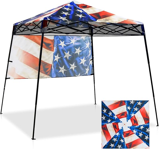 EAGLE PEAK 8x8 Pop Up Canopy Tent with Sidewall Compact Portable Slant Leg Instant Sun Shelter for Beach Sports &amp Camping 8x8 Base 6x6 Top Stars and Stripes