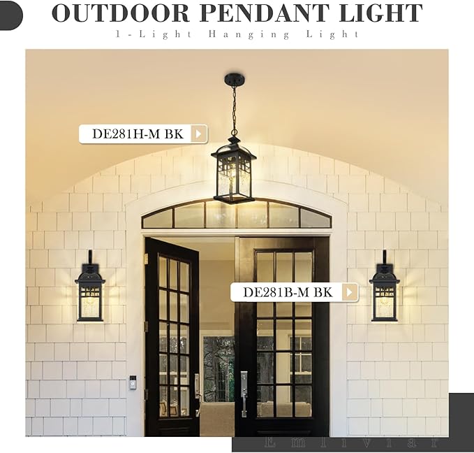 Emliviar 20 Inch Outdoor Pendant Light for Porch Outdoor Chandelier for Porch Die-Cast Aluminum with Seeded Glass Black Finish DE281H-M BK