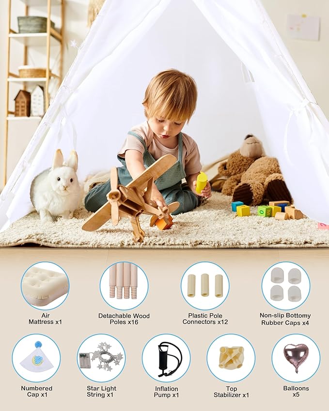 Teepee Tent for Kids with Inflatable Airbed String Lights Balloons Pump Washable Slumber Party Tent Indoor Outdoor for Girls Boys Children Tipi Playhouse for Playtime and Sleepover