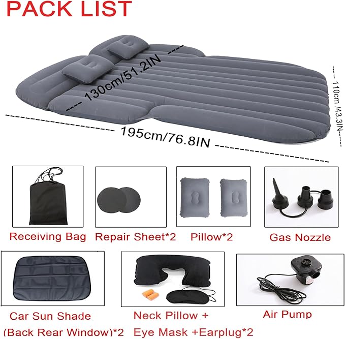 Inflatable SUV Air MattressThickened Flocking Car Travel Camping Bed with 2 Pillows &amp Air PumpPortable Car Sleeping Mattress for SUV Trunk and Rear