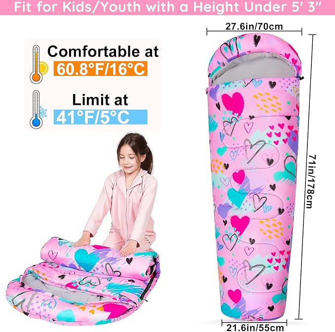FIOBEE Kids Sleeping Bag for Girls Boys 3 Season Warm &amp Cool Weather Youth Camping Sleeping Bags with Backpacking Bag Waterproof for Traveling Hiking Indoor Outdoor Camping Essentials