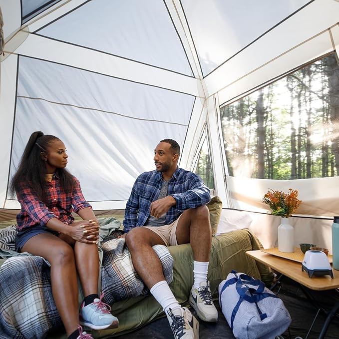 CORE Instant Cabin Tent with LED Lights | Large Family Lighted Pop Up Tent with Carry Bag for Camping Glamping and Backyard Adventures | Included Storage Pockets for Camp Accessories
