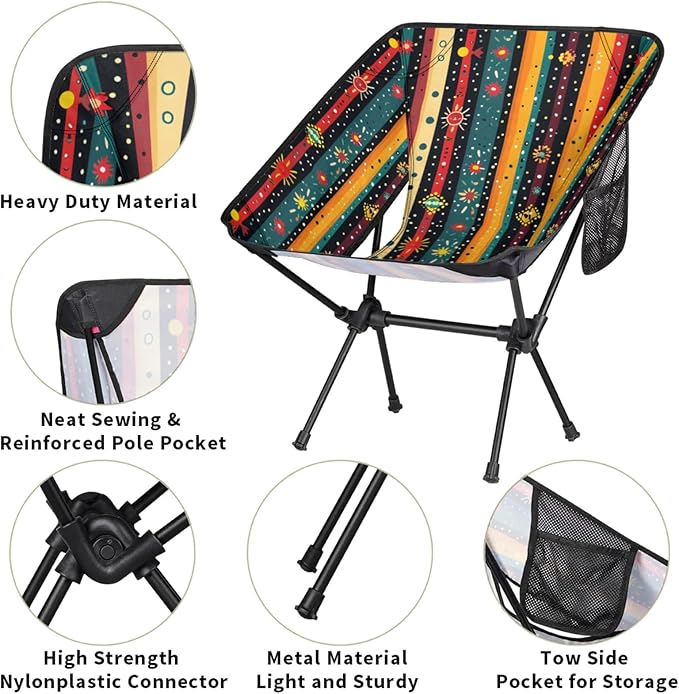 Honeybaby Folding Camping Chair Stripes Boho Camping Chairs Lightweight Portable Chair Outdoor Foldable Chairs for Camping Travel Picnic Beach Hiking