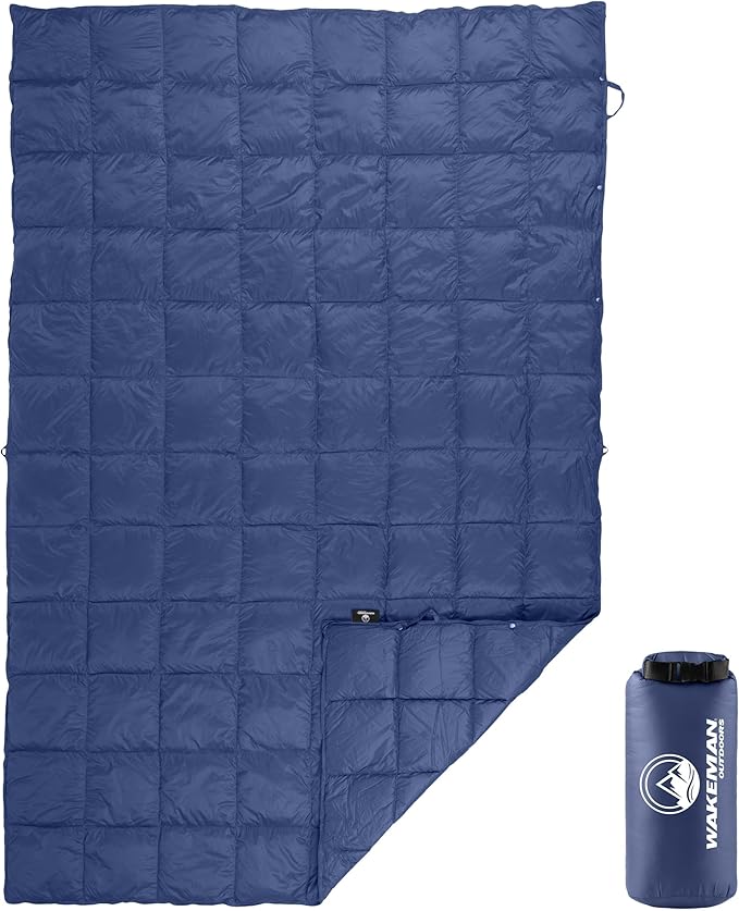 Down Camping Blanket Packable 78x52” Ultralight Compact Travel Blanket with Bag - Puffy Wearable Sleeping Gear for Camp Hiking Backpacking Stadium Festivals or Beach by Wakeman Outdoors (Blue)