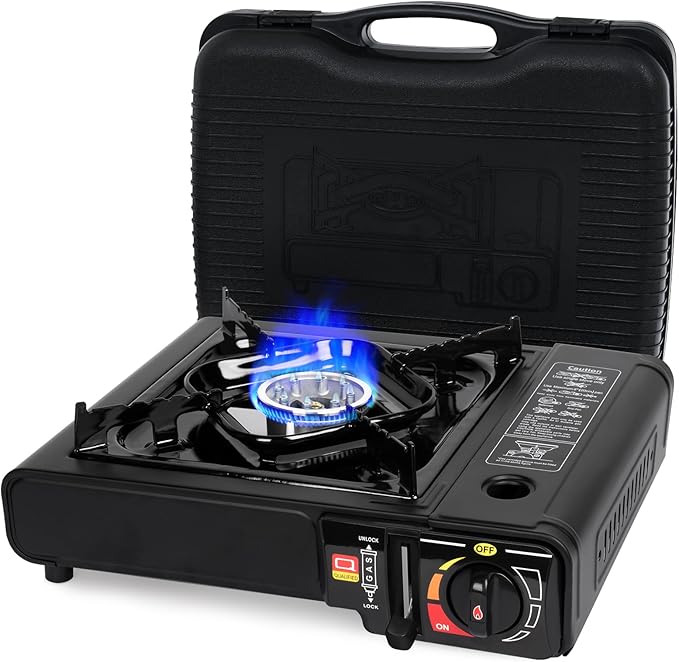 SHINESTAR Butane Camping Stove with Carrying Case Portable Stove for Camping Hiking Emergencies Tailgating Essentials 7800 BTUs Output