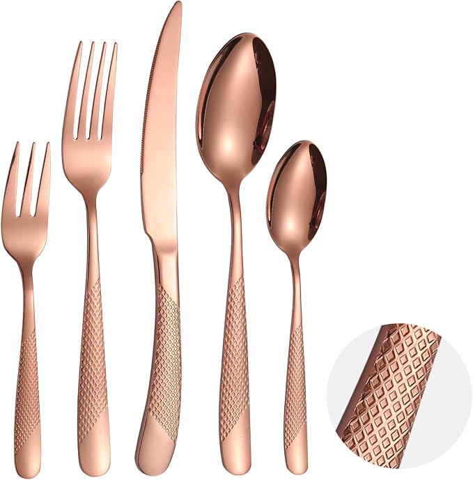 Hammered Flatware Set Copper/Rose Gold Silverware 20 Piece Stainless Steel Service for 4 Forks Knives Spoons Heavy Thickened Handle Elegant Modern Design Kitchen Use Festival Parties