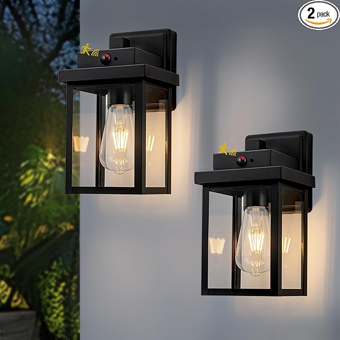 Motion Sensor Outdoor Wall Lights Dusk to Dawn Front Porch Light Fixture Patio Wall Lantern Exterior Sconce Lighting Wall Mount for House 2 Packs