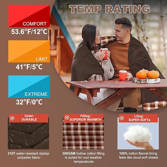 XL Queen Size 2 Person Double Sleeping Bag for Adults Lightweight Compact with Flannel Liner &amp Thermolock Draft Tube Machine Washable All Season Camping Travel