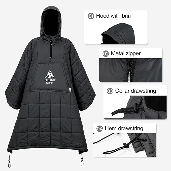 ONETIGRIS Camping Blanket Poncho with with Recycled Synthetic InsulationWearable Hoodie Blanket | Ultralight Water-Resistant Warm Camping Blanket for Outdoor Hiking Stadium