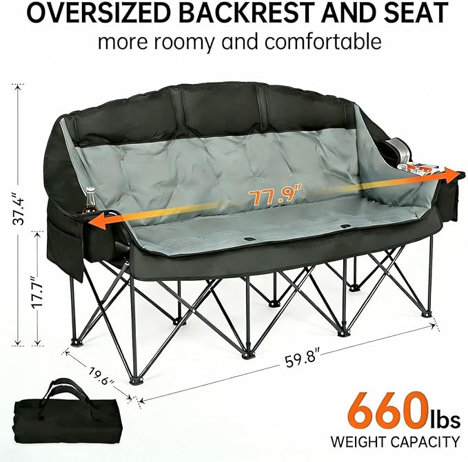3 Person Camping Chair for Adults Folding Double Camping Chair Oversized Heavy Duty Camping Loveseat with Cup Holders &amp Carry Bag Portable Outdoor Lawn Chair for Camping Beach Backyard Black &a