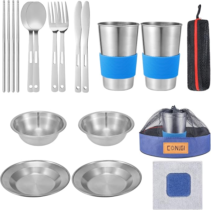 Outdoor Camping Mess Kit - 1 to 2 persons Camping Dishes Includes Cups Bowls Dishes Knives Forks Spoons Etc Camping Dinnerware Set with Mesh Bag is Easy to Carry Camping Tableware Set