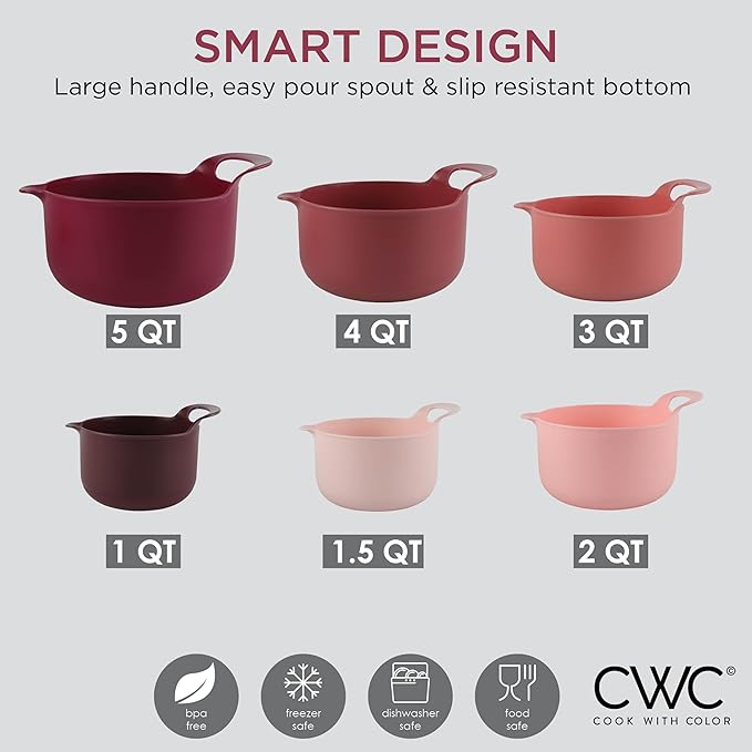 COOK WITH COLOR Nesting Plastic Mixing Bowl Set with Pour Spouts and Handles Rose 6 Piece Non-Slip