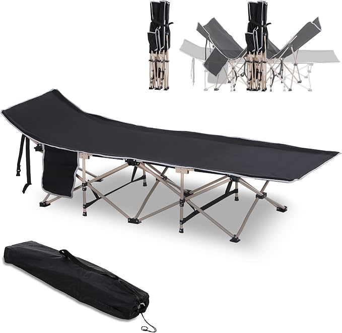 Folding Camping Cot for Adults with Carry Bag Side Pocket Outdoor Portable Sleeping Bed for Travel Camp Vacation 330 lbs. Capacity Black