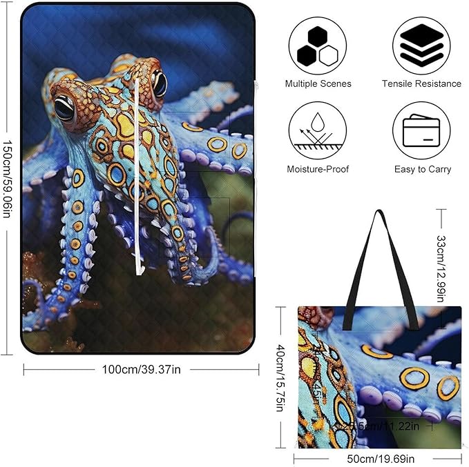 Zipper Blue Ringed Octopus Style Picnic Mat Suitable for Travel Camping Park Or Home Use