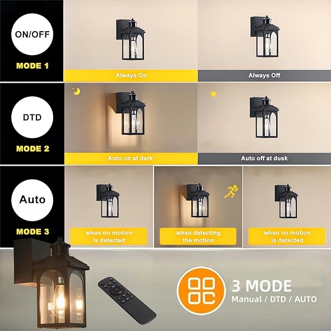 Porch Light with GFCI Outlet: 2 Pack Motion Sensor Porch Lights Outdoor with Remote Control Dusk to Dawn Exterior Lighting Fixtures Black Modern Outdoor Wall Lights for House Garage Patio