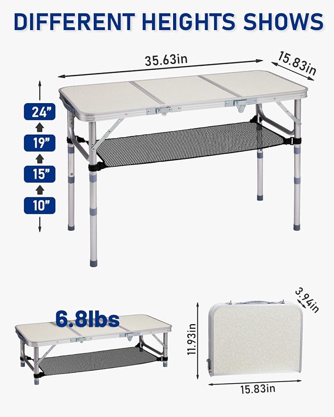 Outvita Folding Table 3FT Aluminum Camping Table with Storage Adjustable Height Picnic Table Lightweight for Carring Outdoor Party Events Beach
