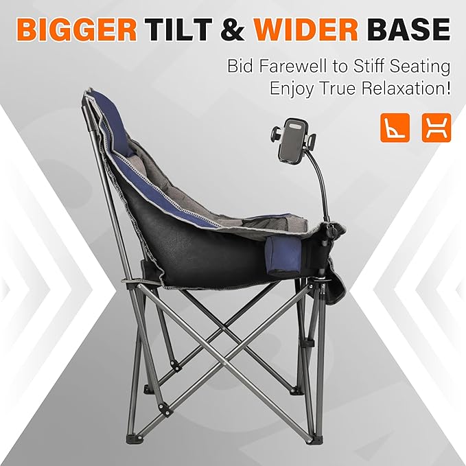 Camping Chairs for Adults-Oversized Extra Large Lawn ChairFolding Comfy Padded Chair w/Phone HolderSide PocketCup Holder for OutdoorWide&ampThickHeavy Duty 400LbsBlue