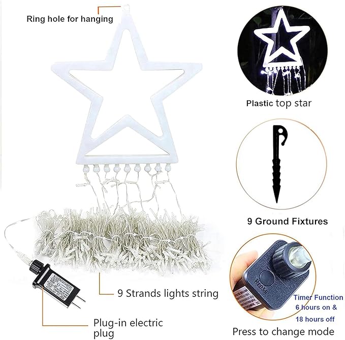 Christmas Decoration Lights Outdoor Christmas String Lights 320 LED 11.5 Ft Waterfall Tree Light with Big Star Topper 8 Light Modes for Xmas New Year Holiday Garden Yard Indoor Outdoor Decor