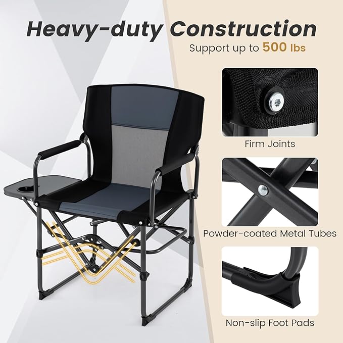 COSTWAY Folding Camping Chair with Side Table Portable Directors Chair with Cup Holder &amp Carry Bag Outdoor Heavy Duty Padded Lawn Chair for Fishing Picnic Sports Beach Support 500 LBS (Gray)