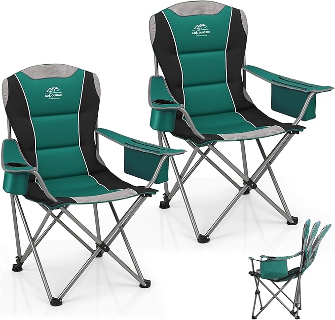 2 Pack Camping ChairsOversized Folding Lawn Chairs for Adults w/3 Levels Adjustable Angled BackrestCup HoldersCooler BagHeavy Duty Camp Chair Support to 400lbsPortable for Outdoor