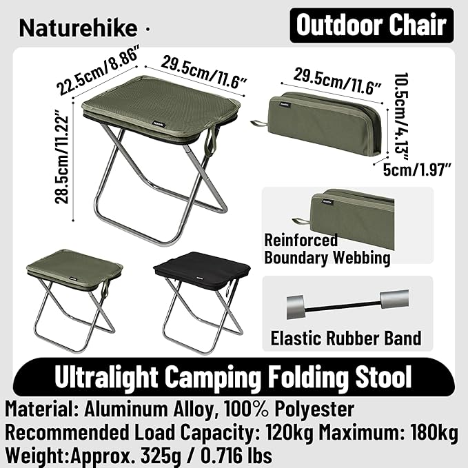 Naturehike 11in Ultralight Camping Folding Stool - Supports 390lbs 0.72lb Compact Portable Stool 7075 Aluminum Alloy &amp 600D Oxford Pocket Chair for Adult Backpacking Fishing Sports Events