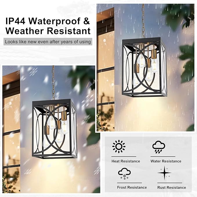 4-Lights Large Outdoor Pendant Light Fixture E26 Bulb Base Porch Hanging Lighting in Black &amp Brushed Brass Modern Exterior Lantern Chandelier Ceiling Mount for Patio Front Door