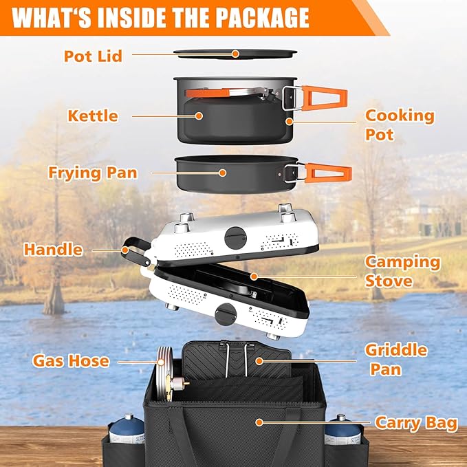 Hisencn Camping Stove2 Burner Propane Stove20000 BTU/h Camping Cooking set Includes Frying PanKettle and PotAdjustable Burners &amp Piezo IgnitionPortable stove for camping OutdoorWhite