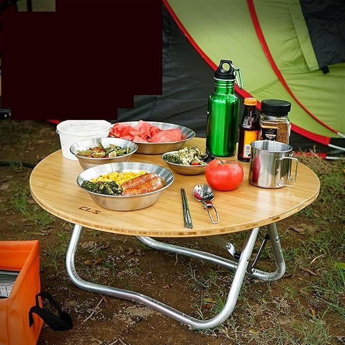 Outdoor Portable Folding Table Bamboo Board Round Table for Camping Picnic BBQ and Beach Easy to Carry and Set Up