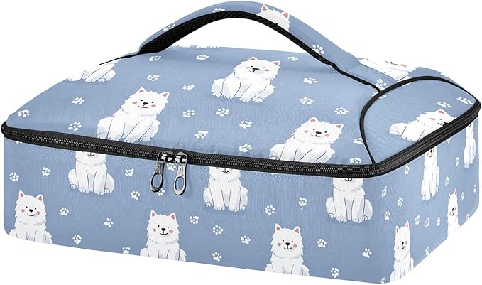 Casserole Carrier Cute Cartoon White DogInsulated Casserole Carrier for Hot or Cold Food Thermal Lunch Tote for Potluck Parties Picnic Beach Fits 9 x 13 Inches Baking Dish