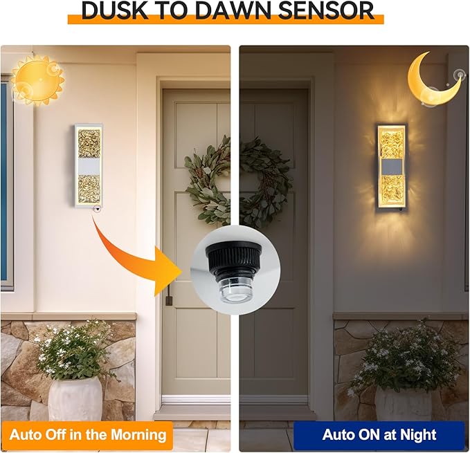 Dusk to Dawn Outdoor LightingExterior Lighting Fixtures IP65 Waterproof Porch Lights Outdoor 12W LED Crystal Modern Outside Wall Sconce for Porch Hallway Doorway Patio14.2'' White&ampGold