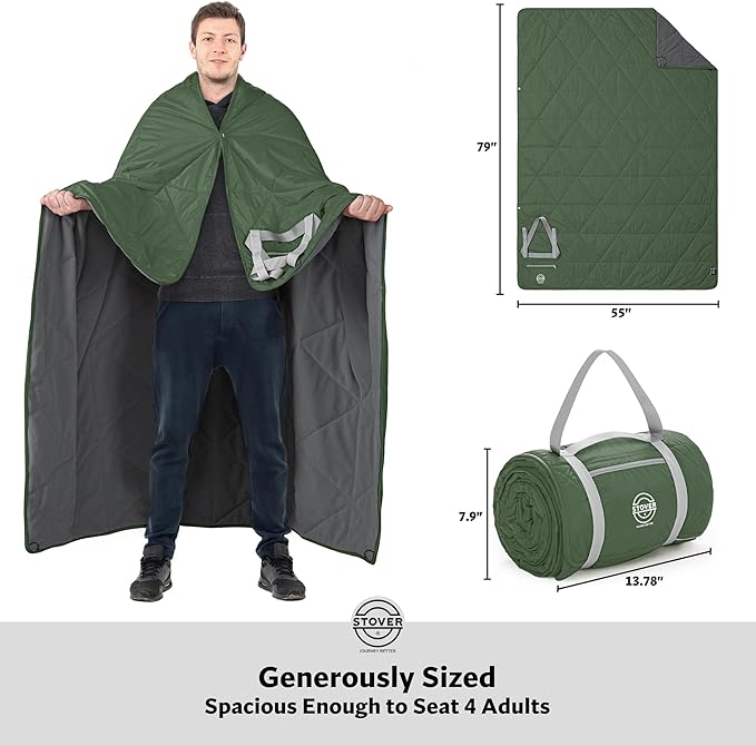STOVER Large Waterproof Outdoor Stadium Blanket- Extra Thick Soft Fleece Camping Blanket for Travel Picnics Sports Dogs 79x55 Warm Windproof Sand-Proof Lightweight Packable (Game Day Green)