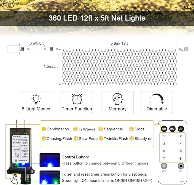JMEXSUSS 360 LED Christmas Net Lights Outdoor Waterproof Connectable 12ft x 5ft Net Lights Outdoor Mesh Lights with Remote Plug in Warm White Net Lights for Bushes Shrubs Christmas Decorations