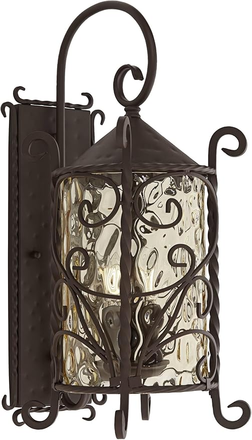 John Timberland Casa Seville Rustic Outdoor Wall Light Fixture Lantern Dark Walnut Iron Scroll 23 3/4 Hammered Glass Decor for Exterior House Porch Patio Outside Deck Garage Front Door Home