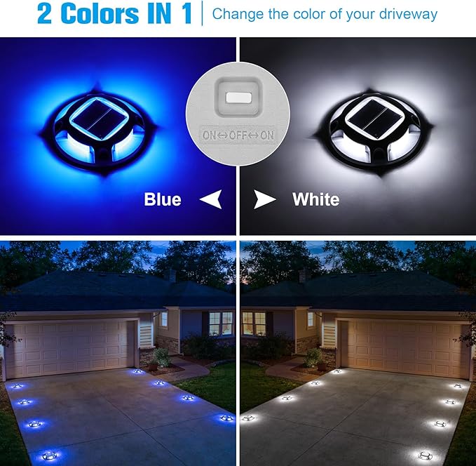 VOLISUN Solar Driveway Lights Dock Marine Lights 4 Pack2 Colors in 1Outdoor LED Deck LightSolar Powered Waterproof Warning Step Light for Driveway Sidewalk Pathway (Blue/White)Saltwater Resistant