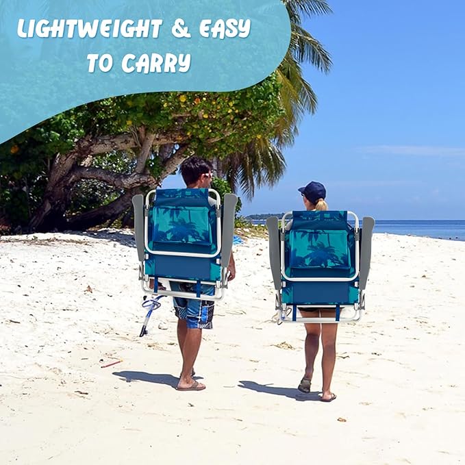 COSTWAY Backpack Beach Chairs Set 3-Piece Portable Camping Chairs with Cup Holder Ice Bag 5-Position Outdoor Reclining Chairs for Adults Travel Sunbathing Support 300 LBS Light Blue