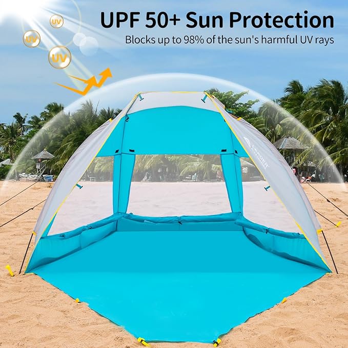 Leader Accessories 2-3 Person Portable Beach Tent UPF 50+ Beach Shade Tent Beach Tent Sun Shelter Canopy with Extendable Floor Blue