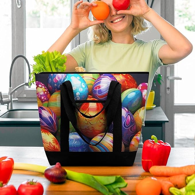 Insulated Shopping BagLarge Reusable Cooler Bags Easter Eggs Printed Foldable Shopping BagTravel Waterproof Shoulder Bag