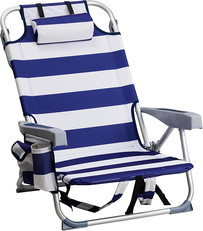 Portable Beach Chair with Backpack Straps Blue and White Striped Aluminum Frame 100kg Capacity