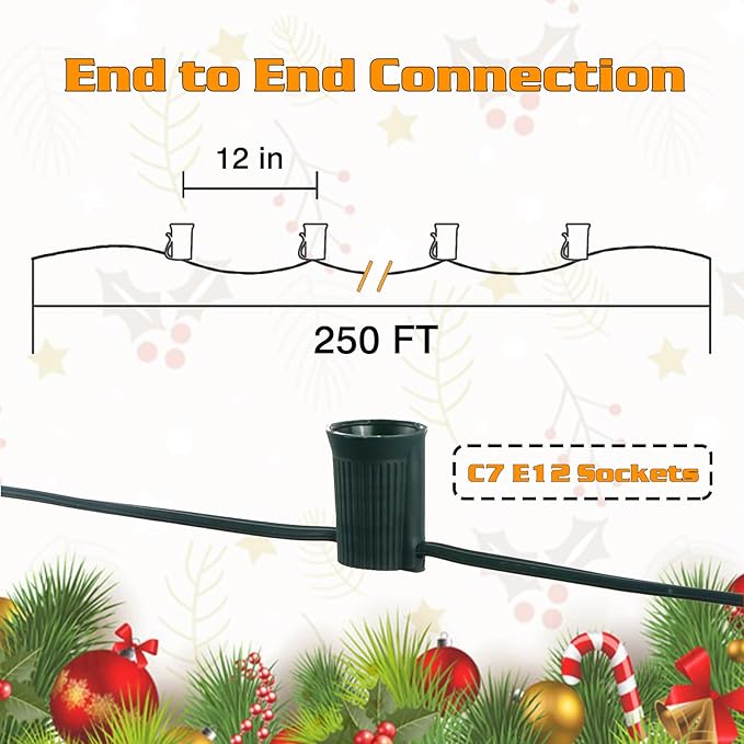 250FT C7 Light String Christmas Stringer E12 Christmas Sockets 12 Spacing C7 Stringer Set Green Outdoor String Light for Wedding Patio Event Lighting Decor Green Wire