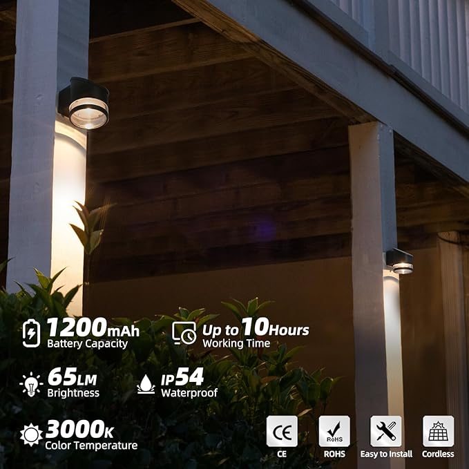 HFVLITE Solar Wall Light Outdoor Dusk to Dawn Aluminum Wall Sconce IP54 Waterproof Cordless LED Decor Light Fixture for Porch Deck Fence Patio Front Door Stair Warm White Black 1-Pack