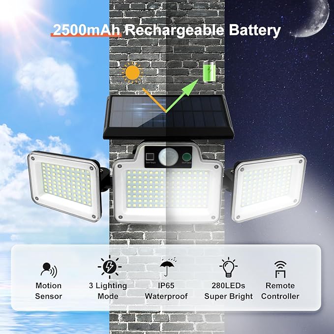 280 LED Solar Flood Security Lights Solar Outside Lights with Remote Control Motion Sensor Lights Outdoor Waterproof for Porch Patio Yard Garage 2 Pack