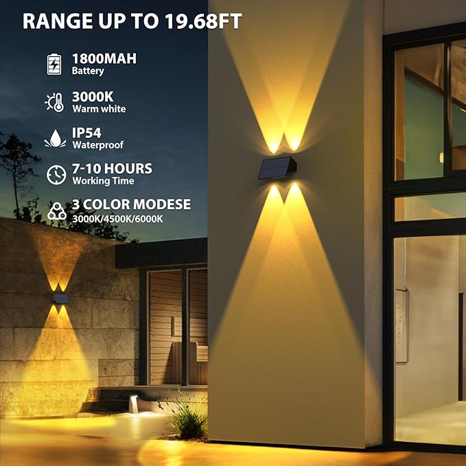Solar Fence Lights6 Pack Solar Lights Outdoor Warm White+RGB Up &amp Down Waterproof 100 Lumens Dusk to Dawn for Wall/Backyard/Pool/Railing/Patio/Porch/Step