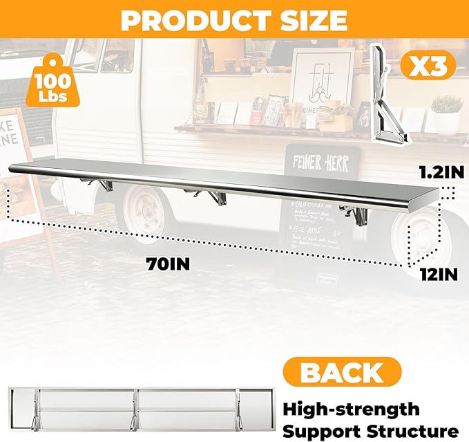 Concession Shelf 70'' L x 12''W Folding Shelf Stainless Steel Food Shelf Stand Serving for Concession Serving Window Food Truck Kitchen Counter