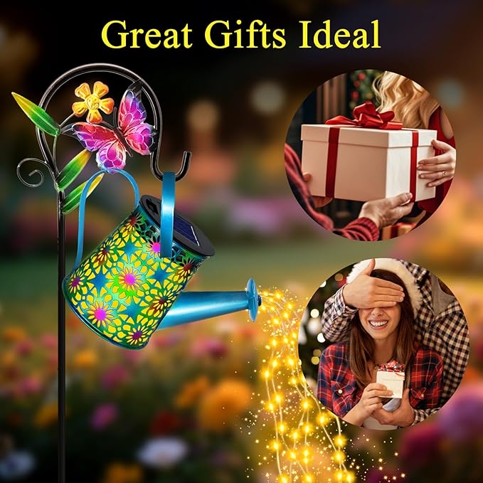 2 Pack Solar Lights Outdoor Decorative Blue Metal Solar Watering Can Lights Waterproof Gifts for Women Mom Grandma Birthday Hanging Lanterns Decoration Garden Decor for Outside Yard Patio Lawn
