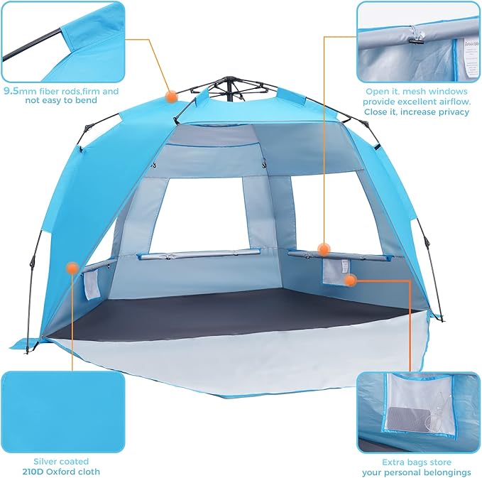 Pop Up Beach Tent Portable Beach Folding Sun Shade Shelter UPF 50+ Protection Easy Setup and Carry Double Silver Coating with 3 Ventilation Window Large Size Perfect for Family 4 People