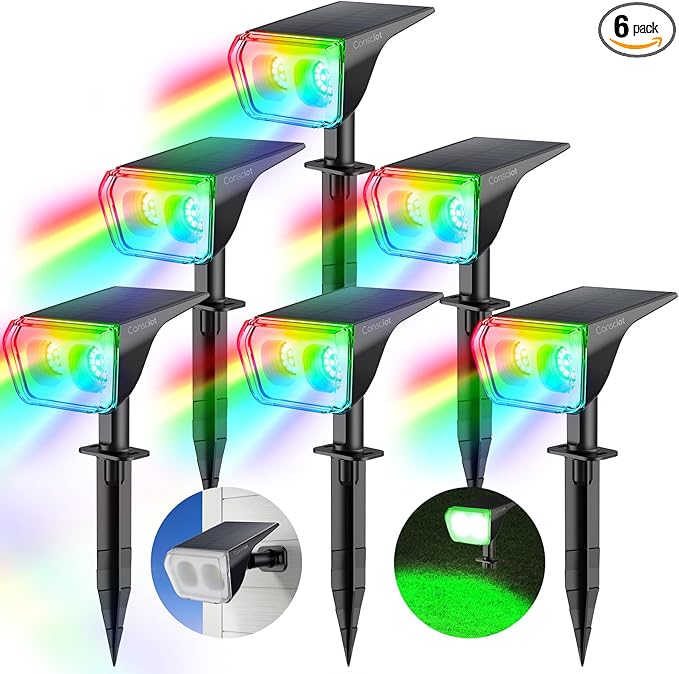 Consciot Solar Spot Lights Outdoor Christmas Color Changing Lights Waterproof 10 Colors Dusk-to-Dawn Landscape Spotlights Outdoor Christmas Decorations for Garden Yard 6 Pack