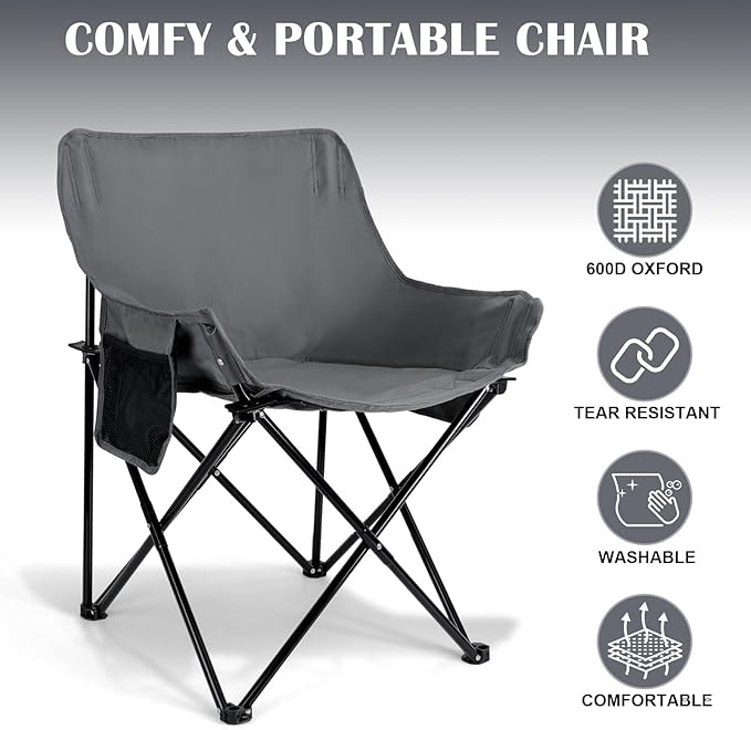 Leonyo Beach Camping Chair 2 Pack Outdoor Folding Chair for Adults Heavy Duty Portable Chair for Outside Fishing Lawn Sport Patio Armrest Cup Holder &amp Storage Pocket Carry Bag Grey