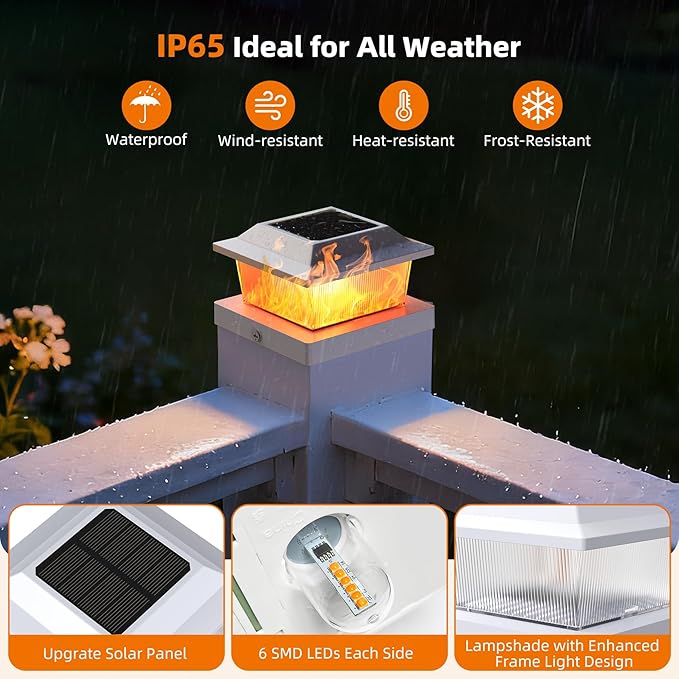 Solar Post Cap Lights 8 Pack Outdoor Flickering Flame Light Fit for 3.5x3.5 4x4 5x5 Vinyl/Wooden Post HIGT Brightness SMD LED Decor for Garden/Whiteyard - White