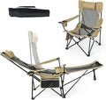 KOTEK Reclining Camping Chair Portable Lounge Chair with Removable Foot Rest Adjustable Backrest Cup Holder &amp Carry Bag Folding Camp Chair for Outdoor Traveling Fishing Hiking Picnic (2 Khaki