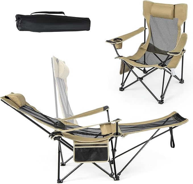 KOTEK Reclining Camping Chair Portable Lounge Chair with Removable Foot Rest Adjustable Backrest Cup Holder &amp Carry Bag Folding Camp Chair for Outdoor Traveling Fishing Hiking Picnic (2 Khaki